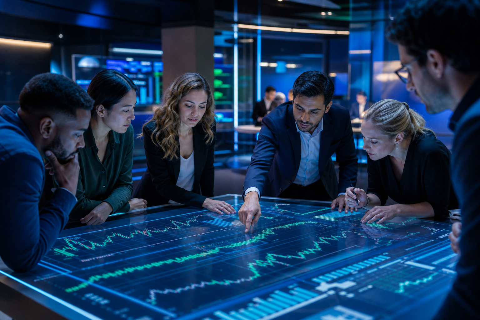 Fintech professionals collaborating around market insights